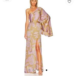 Alexis Lio One-Sleeve Satin Maxi Dress